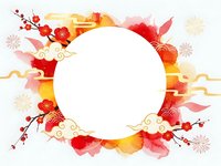 Circular frame with red and gold watercolor elements, cherry blossoms and Asian-inspired decorative motifs for festive design projects.