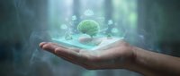 Hand holding holographic brain with glowing neural network connections floating above palm in futuristic digital healthcare technology concept.