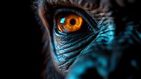 Extreme close-up of wild animal amber eye with blue tinted fur and detailed iris texture showing predator nature in dramatic lighting and sharp macro photography.