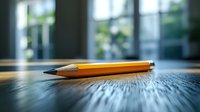 Orange wooden pencil lying on textured wooden desk surface in bright modern office with blurred windows background for creative workspace concepts.