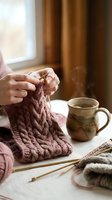 Woman knitting brown cable pattern sweater with wooden needles near window, steaming coffee mug on table, cozy autumn crafting hobby at home.