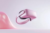 Pink virtual reality headset floating against soft gradient background, minimalist tech design concept highlighting modern gaming and VR innovation.