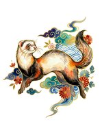 Stylized ferret with ornamental swirls, flowing ribbons, and blooming flowers in warm earth tones and jewel colors. Isolated on white background, ready for design applications.