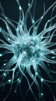 Glowing neuron cell with luminous synaptic connections on dark background, representing brain activity, neural network, and medical science concepts.