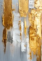 Abstract textured background with thick gold, white and gray paint strokes creating vertical bands with rich impasto technique and metallic effects.