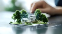 Modern architectural model of luxury villa with green trees on digital tablet display, showing sustainable smart home design concept in augmented reality.