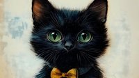Adorable black kitten with bright green eyes wearing orange bow tie on textured background for pet adoption campaigns and animal welfare materials.