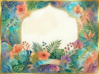 Watercolor floral frame with golden arch, tropical flowers, palm leaves, and ornate swirls, featuring a blank center space for text or design.