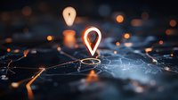 Glowing location pin markers on dark digital map with network connections and bokeh light effects, illustrating global positioning and navigation technology.