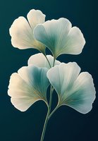 Delicate white ginkgo leaves with subtle turquoise tones against dark emerald background showcase elegant botanical art style for wall decor and textile design.