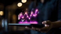 Glowing purple financial chart and shopping cart hologram floating above smartphone screen in dark room with bokeh lights, showing digital retail analytics.