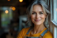 Mature blonde woman smiling warmly by window in cozy cafe setting with soft lighting and bokeh background for lifestyle and hospitality concepts.