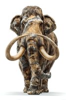 Woolly mammoth with large curved tusks on white background, prehistoric extinct animal illustration for educational content and wildlife projects.
