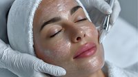 Professional facial treatment with hydrating serum application by cosmetologist using dropper on relaxed woman client in spa clinic setting.