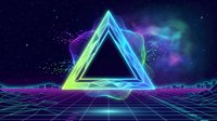 Neon triangle glowing in retro futuristic synthwave landscape with purple and green lights against starry night sky for digital art and gaming backgrounds.