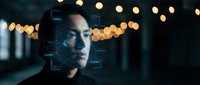 Young Asian businessman with digital facial recognition grid overlay in modern office environment with bokeh lights for technology and AI concepts.