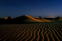 Majestic sand dunes under starlit night sky, rippled desert landscape illuminated by moonlight creating dramatic shadows and patterns across golden sand waves.