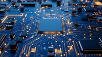 Microprocessor on blue circuit board with glowing connections and electronic components. Close-up view shows intricate pathways and semiconductor technology.