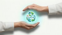 Male hand in white sleeve protecting glowing eco-balance globe symbol, representing environmental sustainability, green business practices, and ecological responsibility for corporate branding.