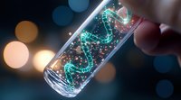 Glowing DNA molecule in glass test tube with bokeh background, scientific research concept showing genetic analysis and biotechnology advancement.