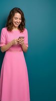 Happy young woman in pink dress texting on smartphone against teal background, smiling while reading message on mobile phone for social media communication.
