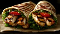 Grilled chicken wraps with fresh vegetables and lettuce on parchment paper, showcasing juicy meat with grill marks and colorful fillings.