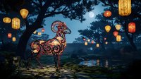 Ornate rooster silhouette with decorative patterns under tree branches with glowing lanterns at twilight. Festival celebration scene for lunar new year designs.