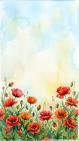Watercolor poppy flowers border with soft pastel sky background for spring greeting cards, wedding invitations and floral design projects.