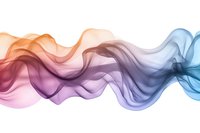 Colorful flowing smoke waves in orange, purple and blue creating dynamic abstract pattern on white background, isolated design element for creative projects.