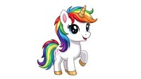 Cute cartoon unicorn with rainbow mane and tail on white background. Magical fantasy character isolated for children designs, stickers, clipart projects.
