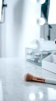 Makeup brush with white and rose gold handle lying on marble vanity counter in modern bathroom with organized cosmetics storage and mirror lighting.