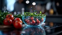 Fresh red cherry tomatoes and green herbs in blue glass bowl with water drops and splashes on dark reflective surface, moody food photography.