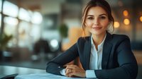 Young Caucasian businesswoman in navy suit sitting at office desk with confident smile. Professional corporate portrait with soft bokeh background and natural lighting.