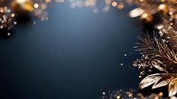 Christmas background with golden decorations, pine branches and warm bokeh lights creating festive holiday atmosphere for seasonal greeting cards.