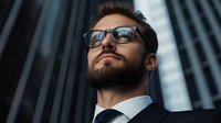 Confident businessman with beard and sunglasses looking up against modern office building backdrop for corporate success and leadership concepts.