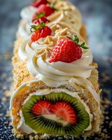 Swiss roll cake with fresh strawberries and kiwi, decorated with whipped cream swirls and nuts. Macro shot of dessert showing detailed texture and layers.