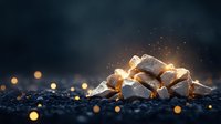 Glowing golden rocks with magical sparkles on dark textured surface with bokeh lights creating mystical atmosphere for fantasy designs and backgrounds.