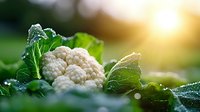 Fresh organic cauliflower head with green leaves in garden at sunrise, natural morning dew drops on vegetables, macro food photography.
