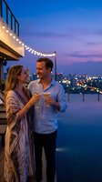 Happy couple toasting with cocktails on luxury rooftop terrace at twilight with string lights and city skyline backdrop for romantic evening celebration.