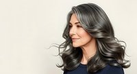 Middle-aged woman with long, wavy dark hair with gray highlights, fair complexion, wearing dark clothing against neutral background. Isolated portrait for hair care, beauty, wellness, and lifestyle design projects.