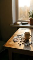 Cozy morning scene with coffee mug and medication pills on wooden table by sunny window. Healthcare routine and wellness concept for lifestyle content.