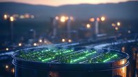 Glowing green microorganisms in petri dishes at night laboratory setting with bokeh city lights in background creating atmospheric scientific research scene.