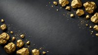 Golden nuggets and gold dust scattered on dark slate background with copy space for luxury mining wealth concept.
