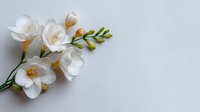 Elegant white freesia flowers with buds on light gray background, minimalist floral composition for wedding invitations and greeting cards.
