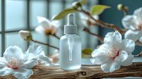 Frosted glass dropper bottle with white cherry blossoms on wooden branch against blurred teal background, natural cosmetic skincare product photography.