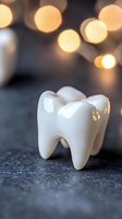 Ceramic tooth model on dark textured surface with soft bokeh lights in background, dental care concept for orthodontics and oral health promotion.