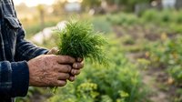 Farmer holding fresh dill seedlings in hands over vegetable garden field. Organic farming, agriculture, and sustainable food production concept.