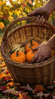 Elderly hands holding wicker basket filled with small orange pumpkins and gourds surrounded by colorful autumn leaves in warm golden sunlight.
