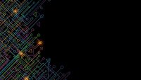 Abstract digital circuit board pattern with colorful neon lines and geometric shapes on black background for technology and electronics design projects.