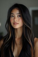 Young Asian woman with long dark hair featuring caramel highlights, natural makeup, and subtle gold necklace against soft-focus background. Perfect for beauty and fashion campaigns.